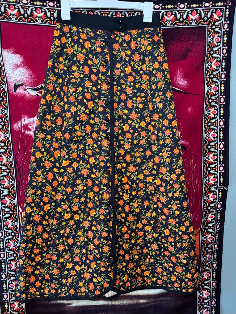 vintage 70s black floral button down maxi skirt w/ groovy orange flowers